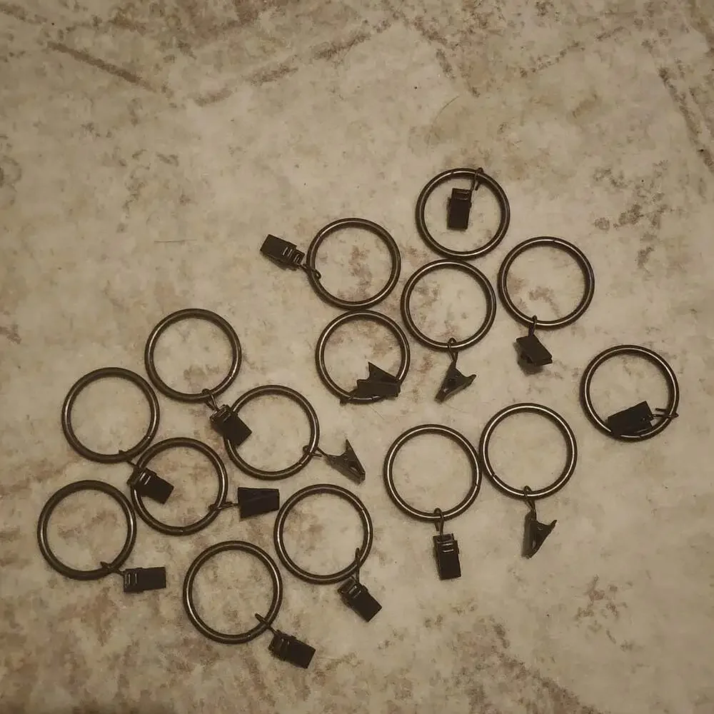 Set of 14 Black Metal Curtain Rings with Attached Clips